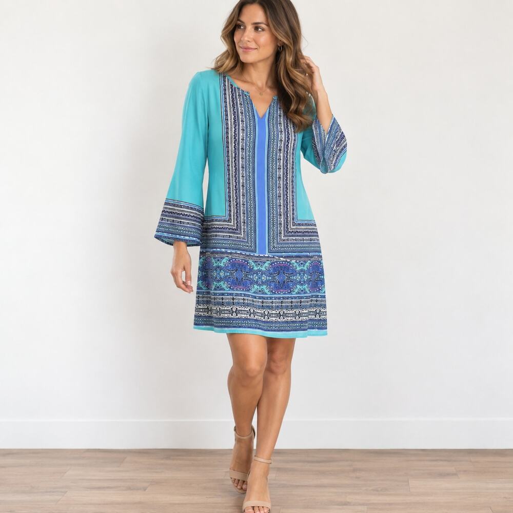 The Limited Turquoise Blue Border Print Tunic Dress Women’s Size XL 3/4 Sleeve